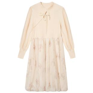 紫涵拼接中长款连衣裙冬季新款国风立领盘扣长裙原创网纱印花裙子