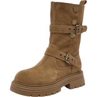 百思图25冬商场新款加绒真皮西部靴堆堆靴厚底女棕色短靴BP338DZ5