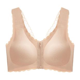 妈妈文胸乳胶薄款中老年内衣女无钢圈聚拢前扣拉链大码无痕收副乳