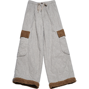 STILLYOU复古减龄保暖加厚绗缝棉拼接仿羊羔绒裤女宽松直筒厚棉裤