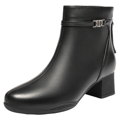 森达超软羊皮短靴冬季新款商场同款气质粗高跟女靴子XTH01DD5