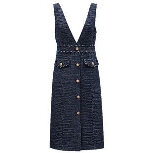 Vero Moda连衣裙秋冬小香风编织亮丝深V牛仔裙324442001