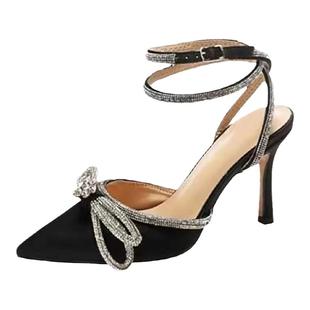 尖头高跟鞋女2025春秋款白色蝴蝶结水钻交叉扣带细跟法式包头凉鞋