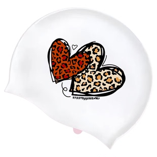 KISSINGGOURAMI豹纹爱心时尚印花硅胶泳帽女不勒头舒适防水游泳帽