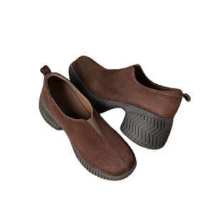 羊皮版~复古圆头一脚蹬厚底单鞋女小个子通勤真皮松紧带深口单鞋