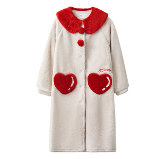 【暖暖绒】红豆珊瑚绒睡袍女娃娃领可爱加厚长款家居服可外穿冬