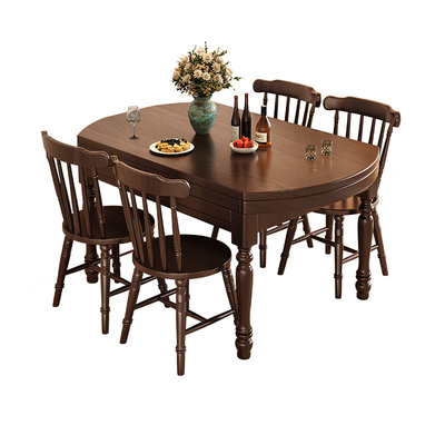 法式复古伸缩木餐桌圆桌美式