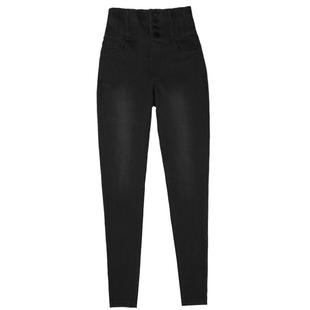 高弹超高腰牛仔裤女紧身2025春秋软薄绒黑色弹力九分排扣小脚靴裤