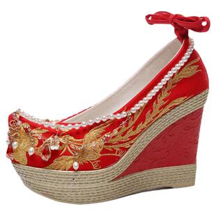 冬加绒超高跟秀禾婚鞋女增高婚礼汉服鞋红色新娘鞋中式古风绣花鞋