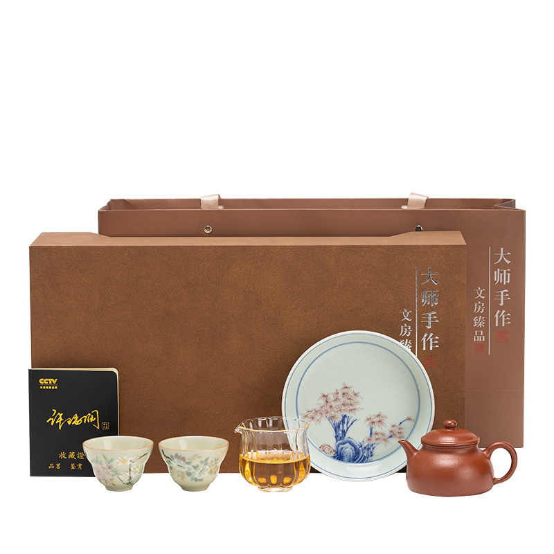 紫砂朱泥壶承 | 双杯梨皮平底套装茶具 高档紫砂礼盒