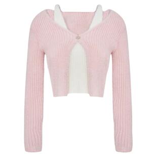 Kroche 仿貂绒撞色假两件V领针织开衫粉色长袖毛衣女短款秋冬新款