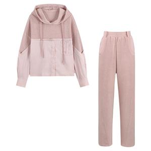Basic House/百家好慵懒风拼接减龄时尚气质连帽卫衣阔腿裤套装女