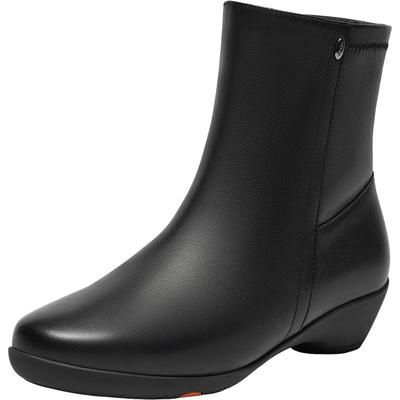 Bata时装靴女冬商场新款百搭软底羊皮通勤粗跟短筒靴AGW60DZ4