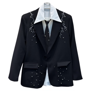 VE2 高级感铆钉赛博朋克西服套装男垫肩西装外套西裤二件套高定款