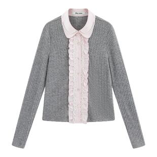 Marc Moore 2025秋季新款粉白蕾丝拼接木耳边开衫女设计感开衫