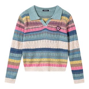 i.t GROUNDZERO韩系时尚V领刺绣毛衣针织衫女长袖蓝色上衣