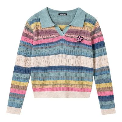 i.t GROUNDZERO韩系时尚V领刺绣毛衣针织衫女长袖蓝色上衣