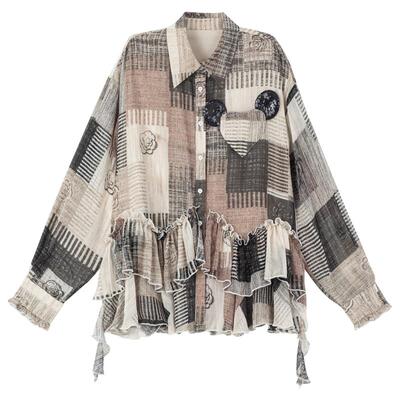 KEIKO复古做旧格纹灯笼袖衬衫