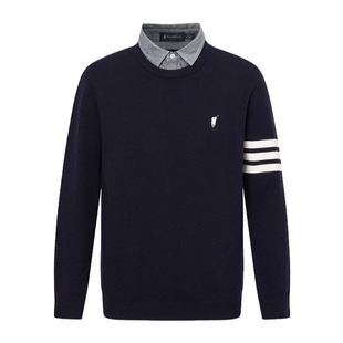 POLOWALK男式针织衫2025秋季新品时尚假两件条纹翻领上衣百搭套头