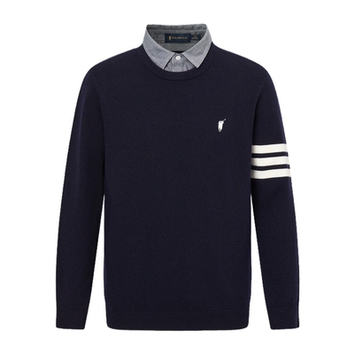 POLOWALK男式针织衫2025秋季新品时尚假两件条纹翻领上衣百搭套头