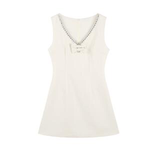 杏色重工钉珠v领无袖连衣裙女夏季高级感法式富家千金背心短裙子