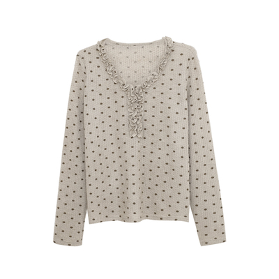 荒荒家花边波点长袖T套头上衣