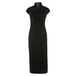 读者*三重门复古真丝绒旗袍优雅纯色中年妈妈民国风日常长款修身