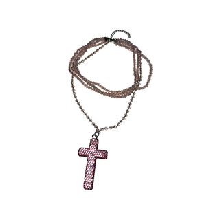 atmshop甜酷粉色闪闪满钻十字架珠串多层叠戴项链重工辣妹锁骨链