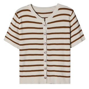 条纹短袖t恤女夏季冰丝针织衫 小个子短款洋气卡腰配半身裙的上衣