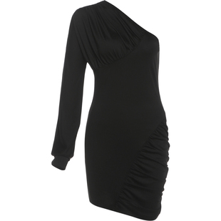 #Sisjuly#暗黑朋克酷拽girl 不规则褶皱斜肩单袖性感包臀连衣裙女