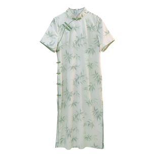 【自制款】大码胖mm清新淡雅改良版竹叶旗袍连衣裙新中式