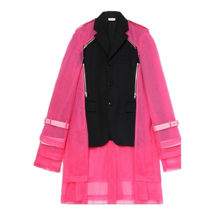 IT CDG COMME des GARCONS HOMME PLUS男薄纱拼接西装夹克长外套