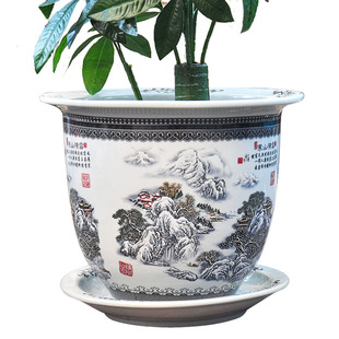 景德镇陶瓷器超大号室内钵落地树盆花盆铁树发财树粉彩雪景新中式