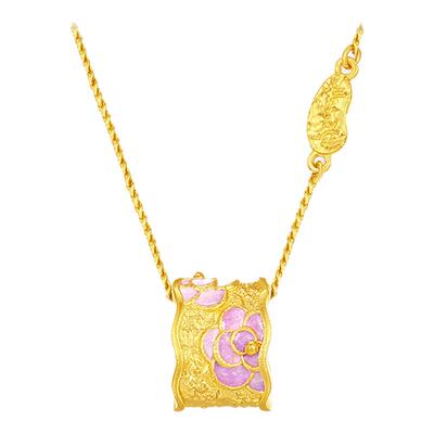 周大生莫奈联名|黄金项链女5G足金玫瑰花朵锁骨套链珐琅方牌吊坠