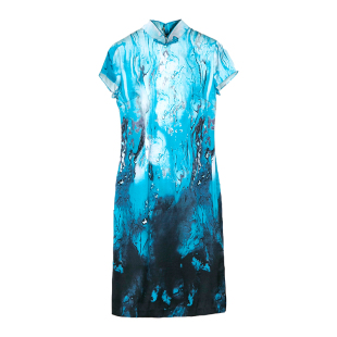 木真了真丝旗袍夏2026新品中式修身显瘦水墨印花桑蚕丝连衣裙305