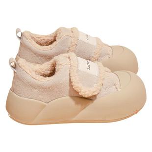 拉夏贝尔女鞋加绒棉鞋女2025新款冬季魔术贴小白鞋丑萌大头面包鞋