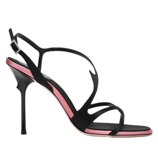 2026新款黑色细跟高跟鞋女夏露趾一字带缎面拼色气质百搭约会凉鞋