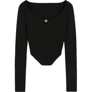 bebe春夏女士气质LOGO水滴洞U领长袖针织上衣130509