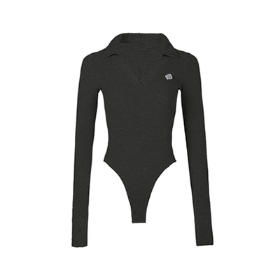 美式Polo领v领长袖连体衣修身