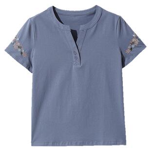 纯棉宽松短袖t恤女夏薄款2026夏季新款中年妈妈时尚V领刺绣上衣服