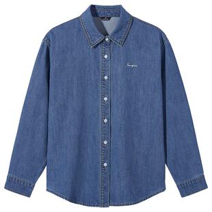 热风2026年春季新款女士休闲字母刺绣牛仔衬衫柔软不失挺括