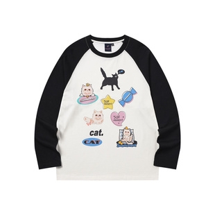 TF家族王橹杰同款猫咪卡通插肩长袖纯棉t恤男女宽松学生情侣上衣