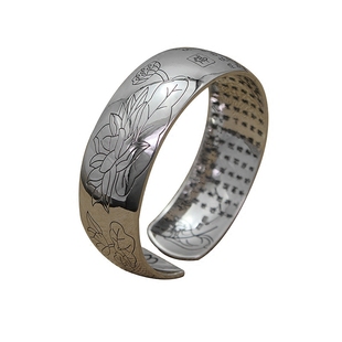 S999纯银莲花心经手镯女开口宽面白银镯子佛经复古经文送妈妈礼物