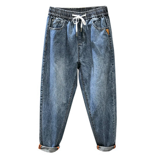 松紧腰牛仔裤男款大码宽松裤子男士春秋抽绳直筒男裤休闲九分裤潮