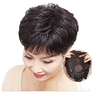 妈妈假发女头顶补发假发片短卷发中老年发套纹理烫真发发片半头套