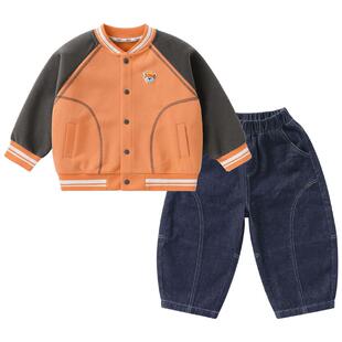 右欧男童女童棒球服外套牛仔裤套装春秋季新款童装儿童学院两件套
