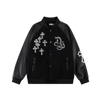 美式街头十字架烫钻棒球服外套
