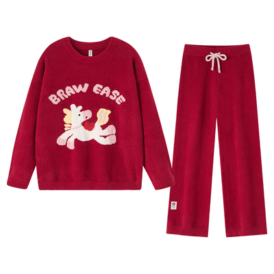 BE半边绒红色睡衣加厚冬女新品