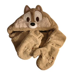 迪士尼奇奇蒂蒂毛绒帽子围巾手套一体女秋冬季保暖防寒护耳三件套