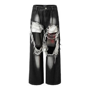 现货BAK原创 假两件龙骨印花美式黑牛高街破洞牛仔裤宽松休闲长裤